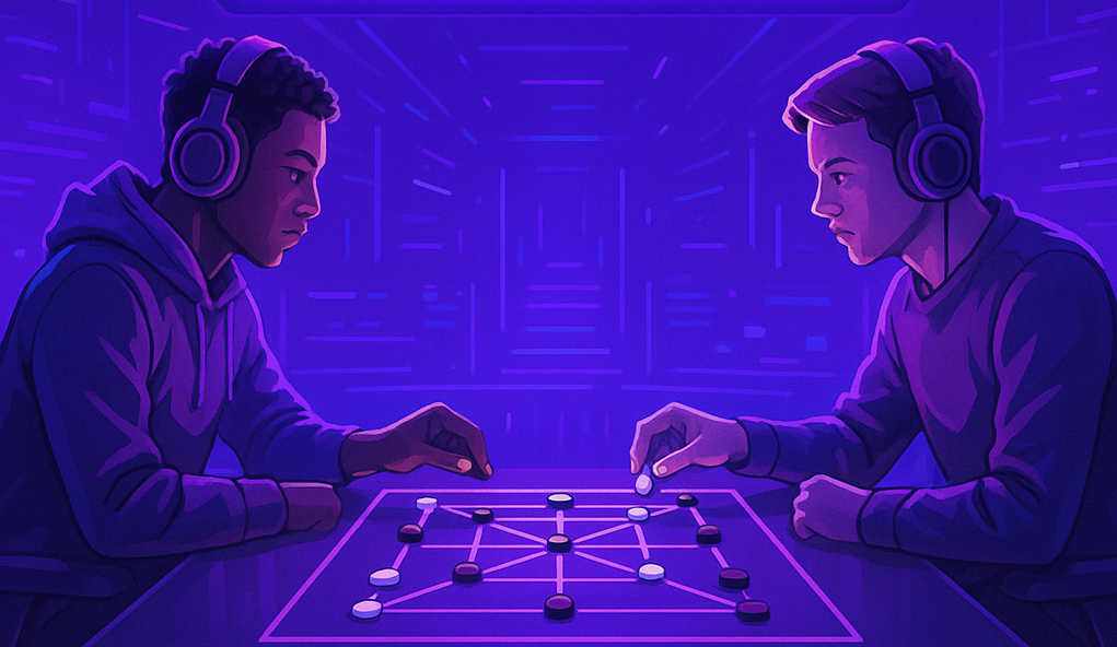 Morabaraba board game tournament with colorful pieces, vibrant gaming atmosphere, neon lights